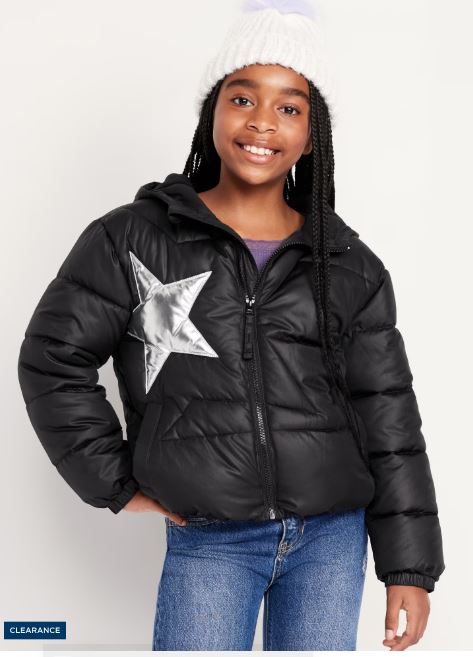 Water-Resistant Quilted Graphic Puffer Jacket for Girls