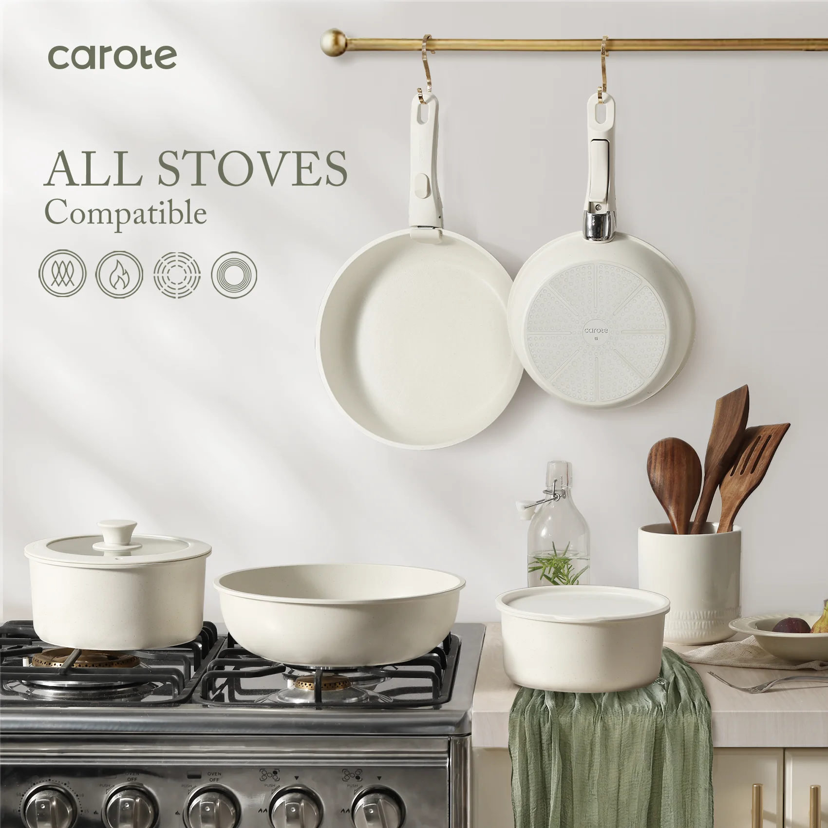 Carote Nonstick Cookware Sets, 17 Pcs Granite Non Stick Pots and Pans Set with Removable Handle