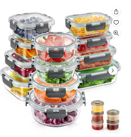 34pcs Glass Food Storage Containers with Lids Set, Airtight Glass Meal Prep Containers (17 Containers & 17 Lids), Leak Proof Lunch Containers BPA-Free, Microwave, Oven, Freezer, Dishwasher Safe
