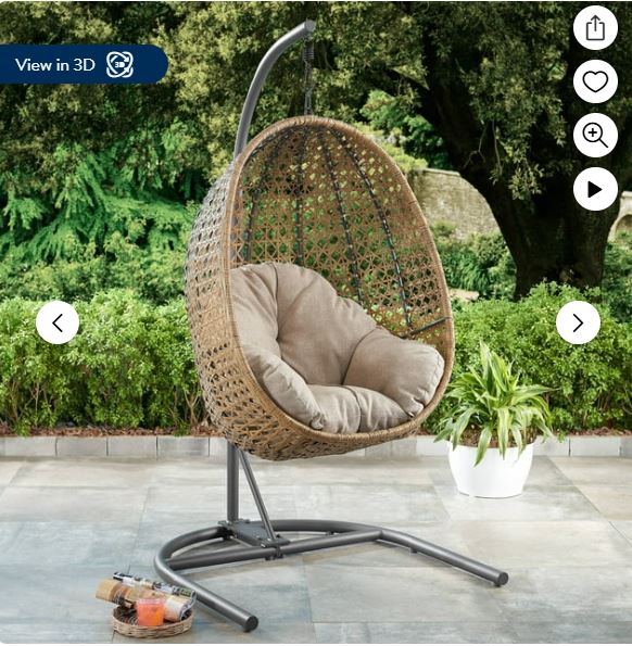 Better Homes & Gardens Outdoor Lantis Patio Hanging Egg Chair with Stand – Tan Wicker, Beige Cushion