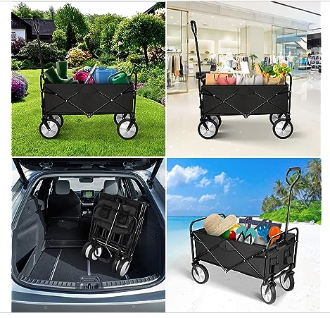 YSSOA Rolling Folding & Rolling Collapsible Garden Cart, Outdoor Camping Wagon Utility with 360 Degree Swivel Wheels & Adjustable Handle, Black 220lbs Weight Capacity