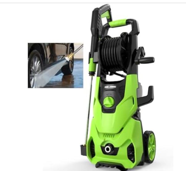 Rock&Rocker Electric Pressure Washer, 2150 Max PSI 2.6 GPM Washer with 4 Nozzles Foam Cannon for Cars,Powerful Electric Power Car Washer with Hose Reel&Soap Tank,Cleans Cars/Fences/Patios Green