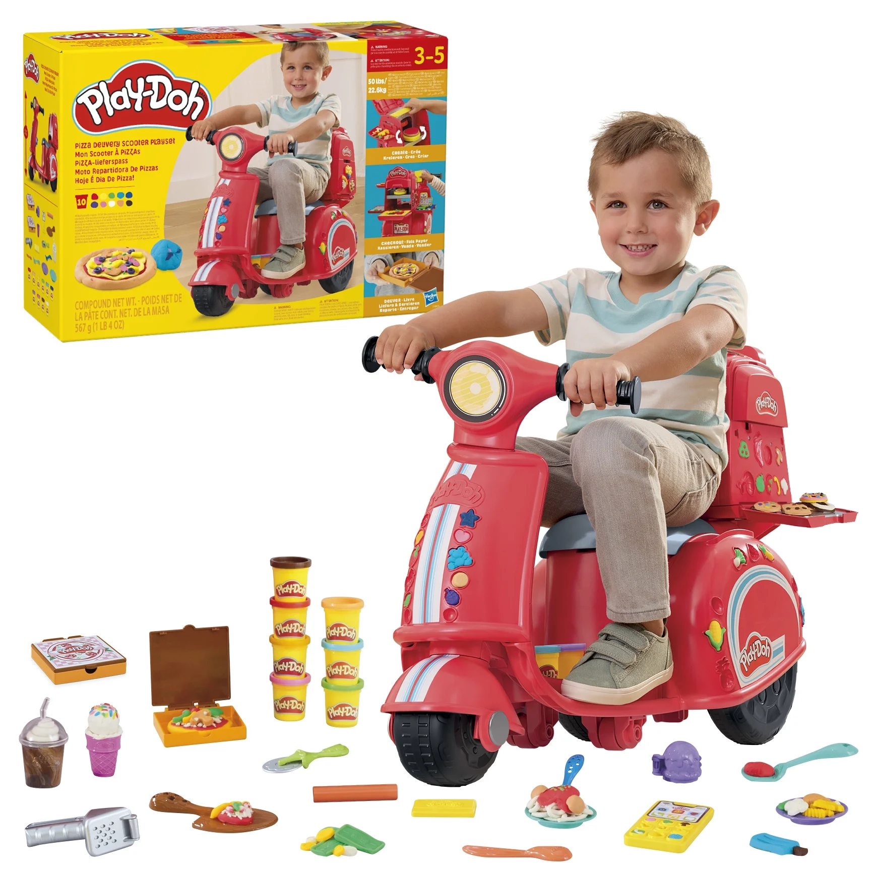Play-Doh Pizza Delivery Scooter Playset, Large Ride-On Play Preschool Toys, Max Weight 50 lbs/22.6 Kg, Christmas Gifts for Kids, Ages 3-5