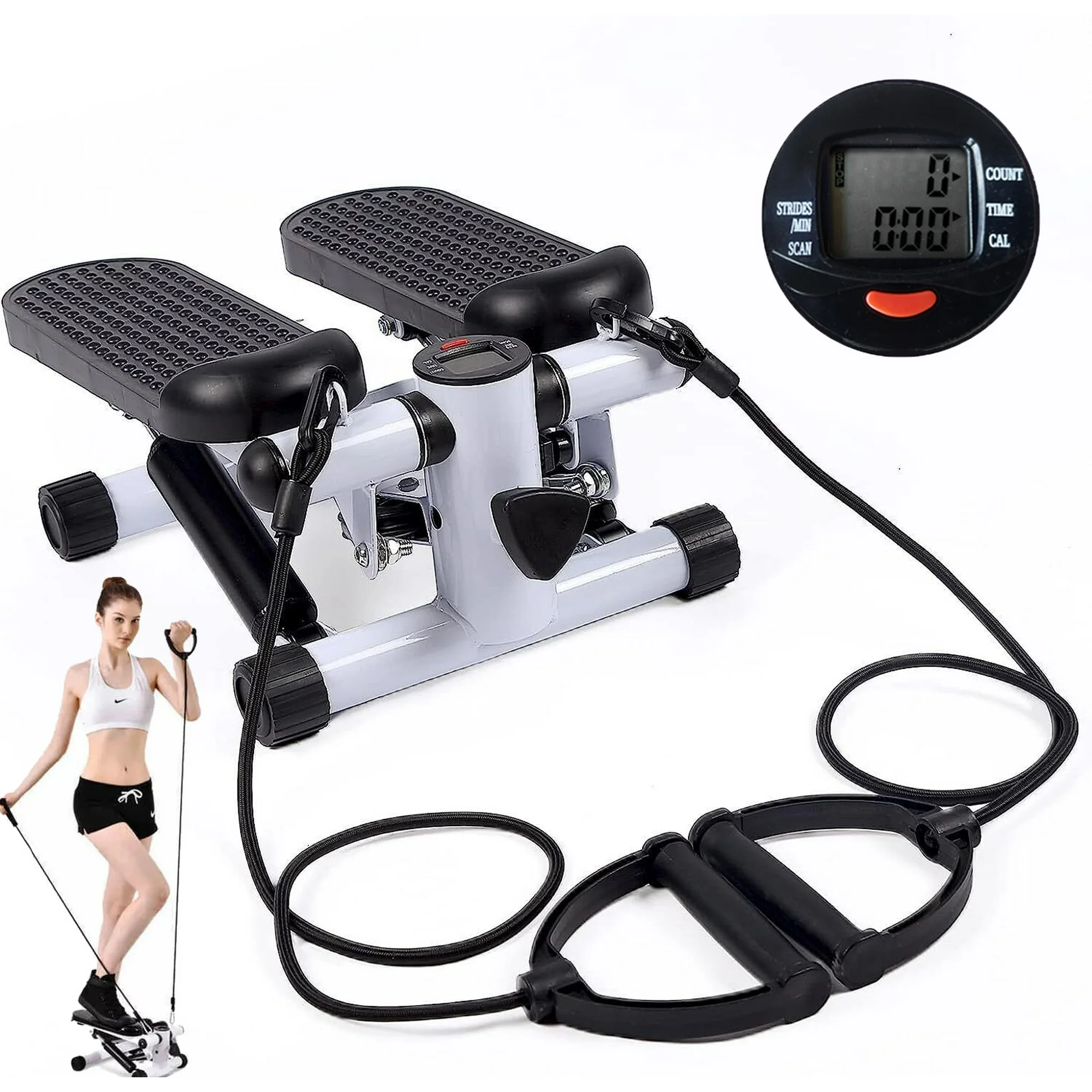 Steppers for Exercise,Stair Stepper with Resistance Bands,Mini Aerobic Stepper Exercise Machine,Stair Climber Equipment with LCD Monitor,White