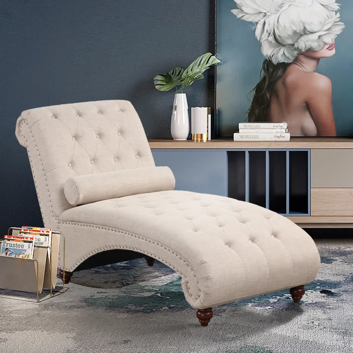 Molinaro 29.53” Wide Modern Minimalist Button Tufted Wide Upholstered Chaise Lounge with Lumbar Pillow