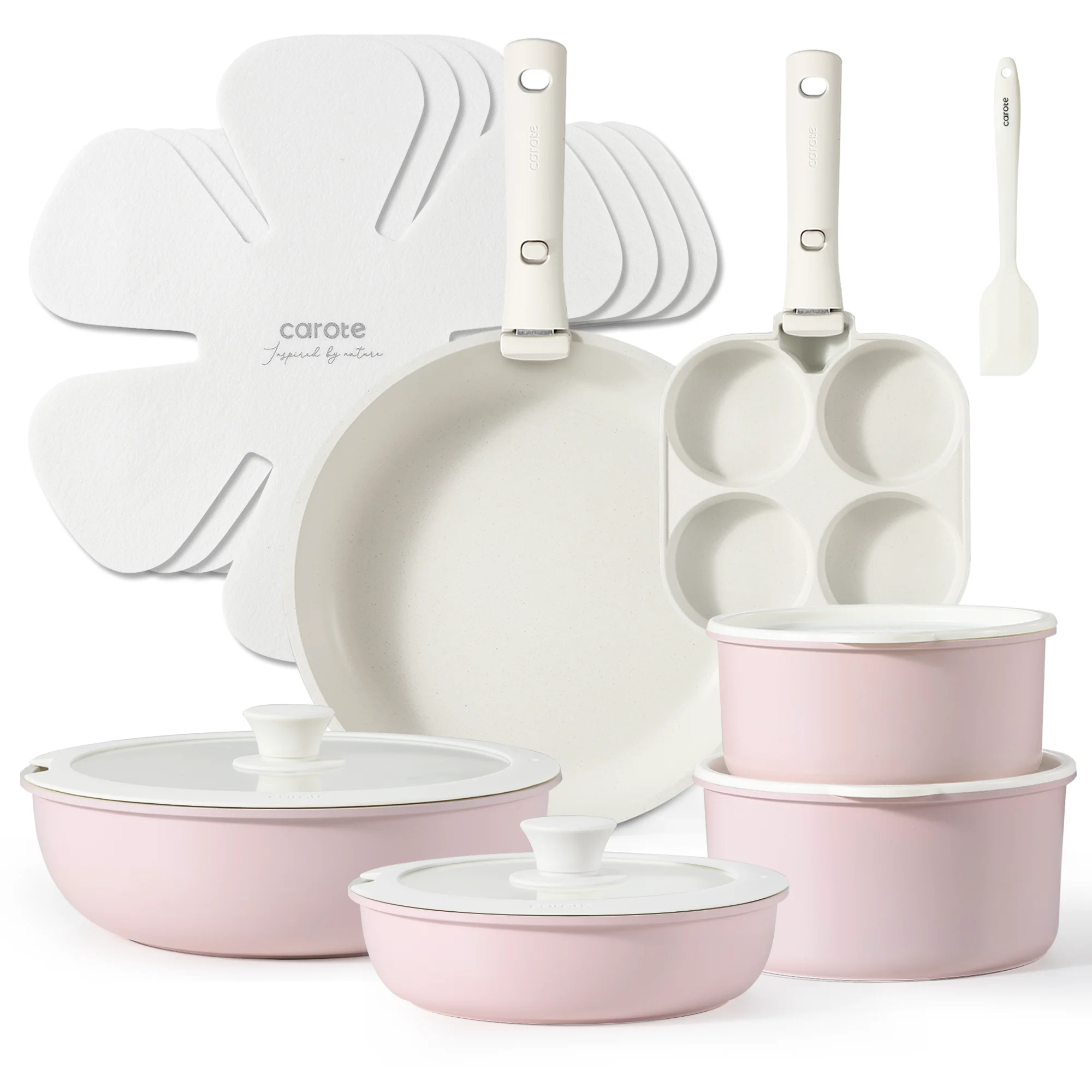 Carote Nonstick Cookware Sets, 17 Pcs Non Stick Pots and Pans Set with Removable Handle, Pink