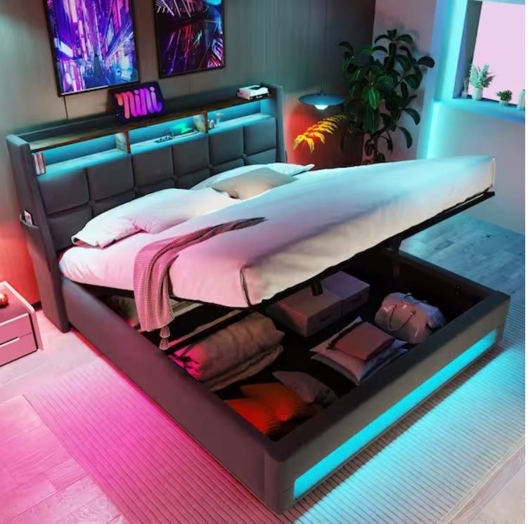 Gray Wood Frame Queen Linen Platform Bed with LED Lights, Hydraulic Storage, USB Charging, Storage Headboard, Pockets