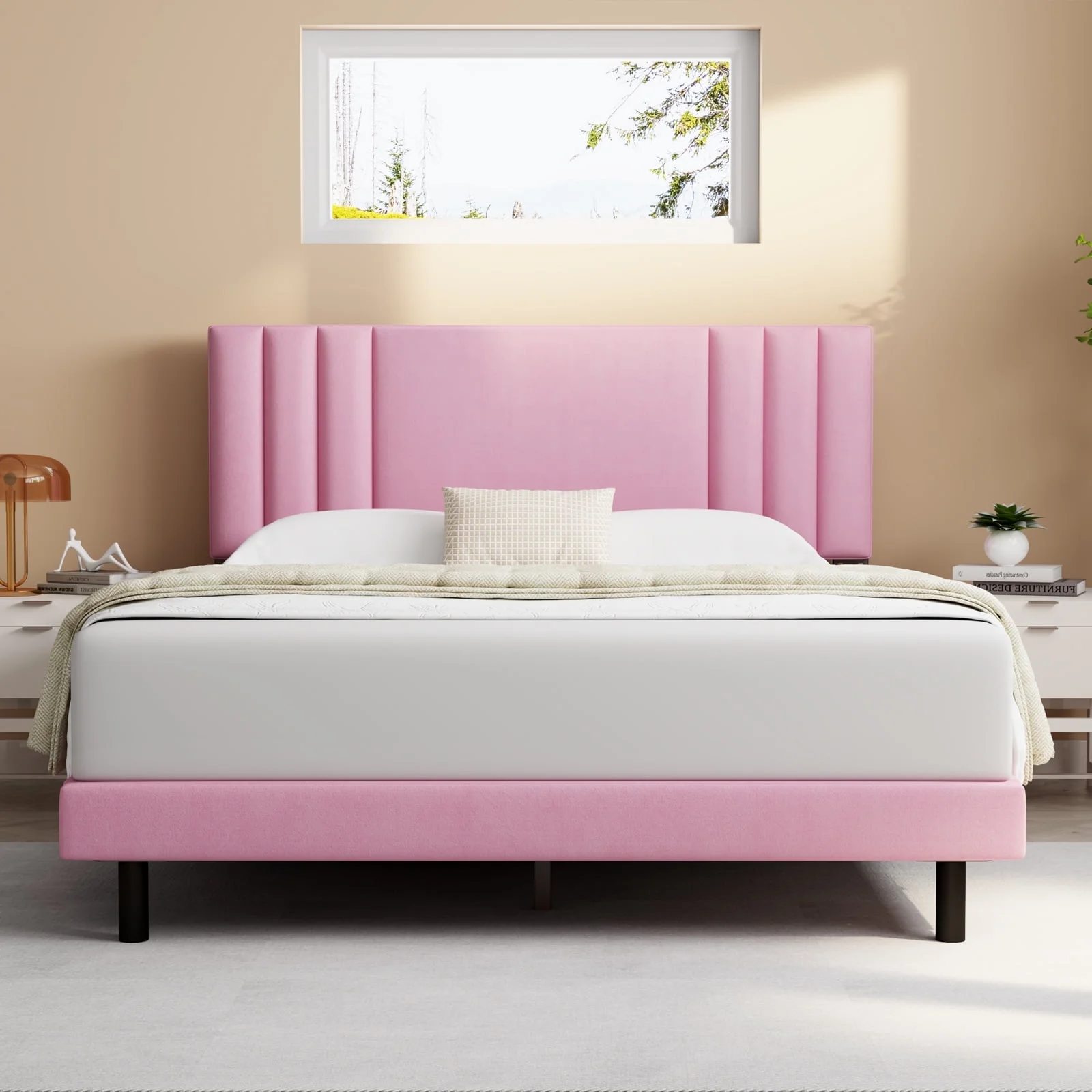 Queen Bed Frame, Lecuneey Queen Size Platform Bed Frames with Fabric Upholstered Headboard,No Box Spring Needed,Pink
