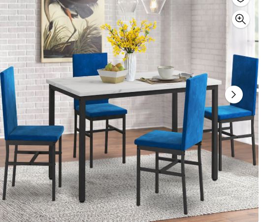 Dining Table Set for 4, Modern Marble Dine Table with 4 Velvet Chairs, Modern Kitchen Table Set for Home, Breakfast Nook, Cafeteria Dining Room, Blue