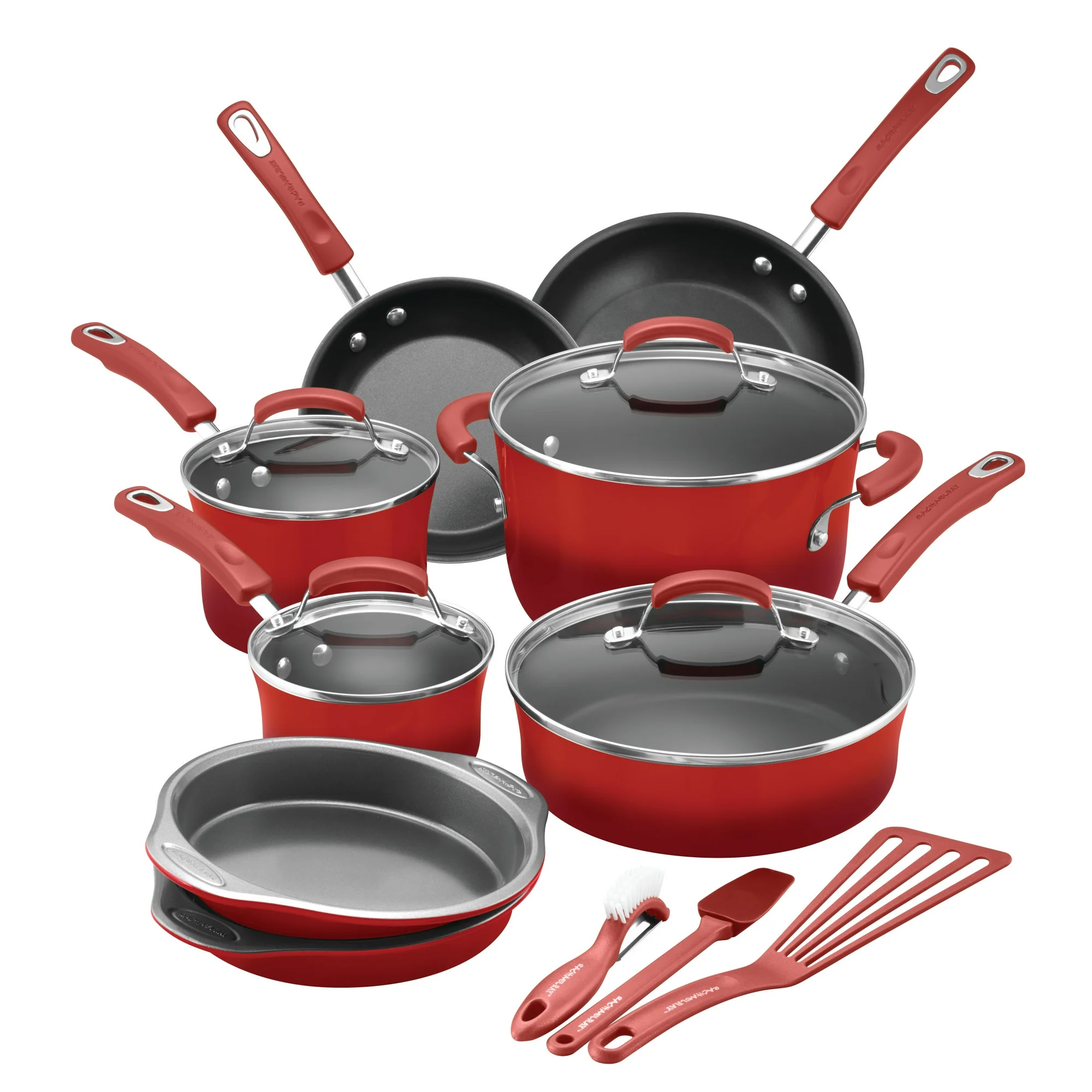 Rachael Ray 15-Piece Classic Brights Nonstick Pots and Pans/Cookware Set, Red Gradient