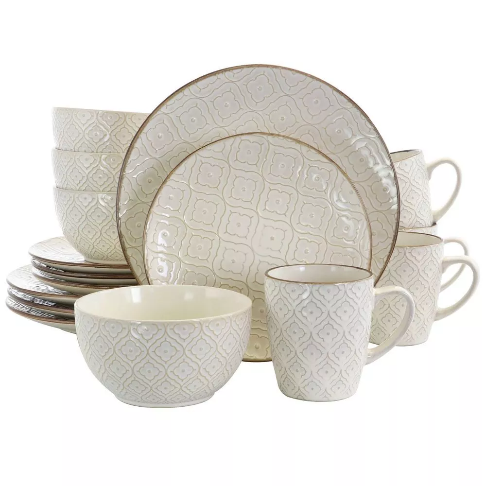 16pc Stoneware Grand Pattern Dinnerware Set White – Elama