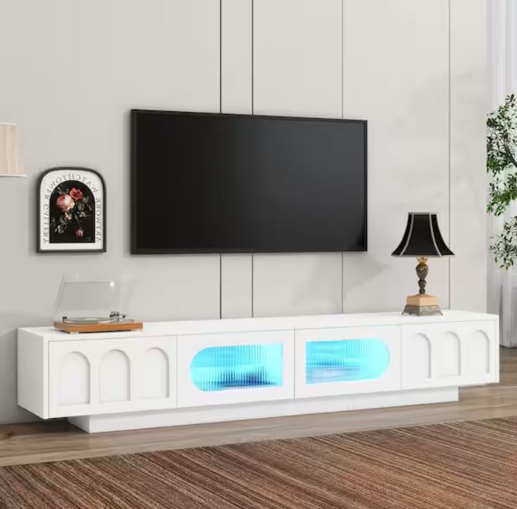 White Morden TV Stand Fits TVs up to 95 in. with Arched Designs, Fluted Tempered Glass Doors and Smart Light Strip