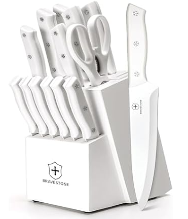 BRAVESTONE 15 Piece Kitchen Knife Set with Block Self Sharpening, Dishwasher Safe, Anti-slip Handle