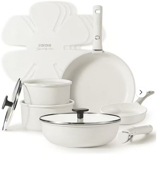 Carote Nonstick Cookware Sets, 15 Pcs Granite Non Stick Pots and Pans Set with Removable Handle, White