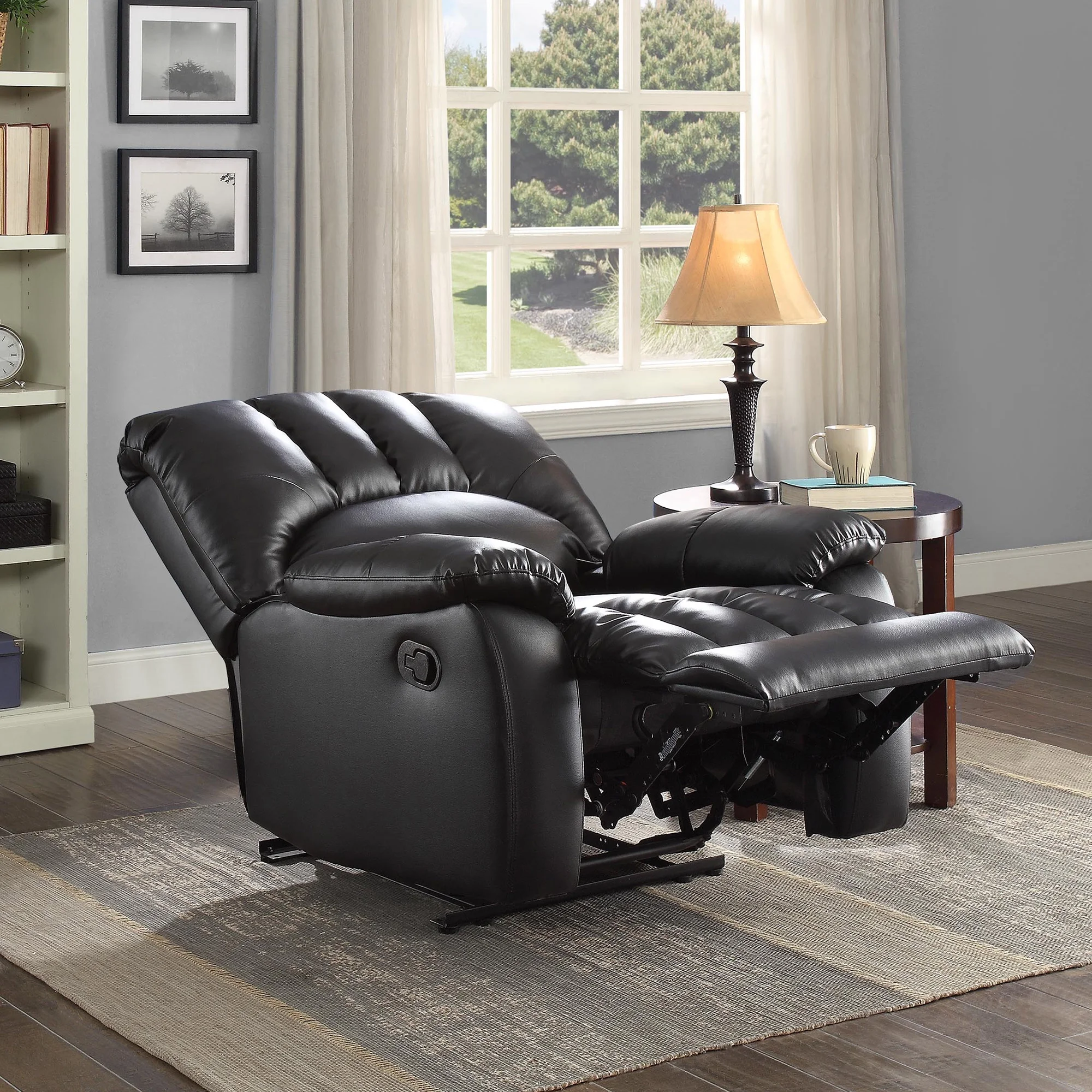 Mainstays Small Space Recliner with Pocketed Comfort Coils, Black Faux Leather