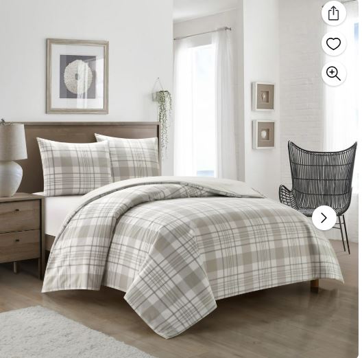 Dearfoams Super Soft 3-Piece Grey Plaid 100% Polyester Fill Comforter Set, Full/Queen
