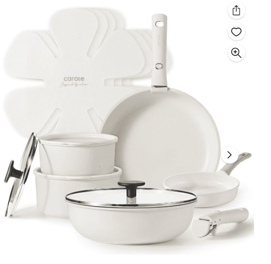 Carote Nonstick Cookware Sets, 15 Pcs Non Stick Pots and Pans Set with Removable Handle, White