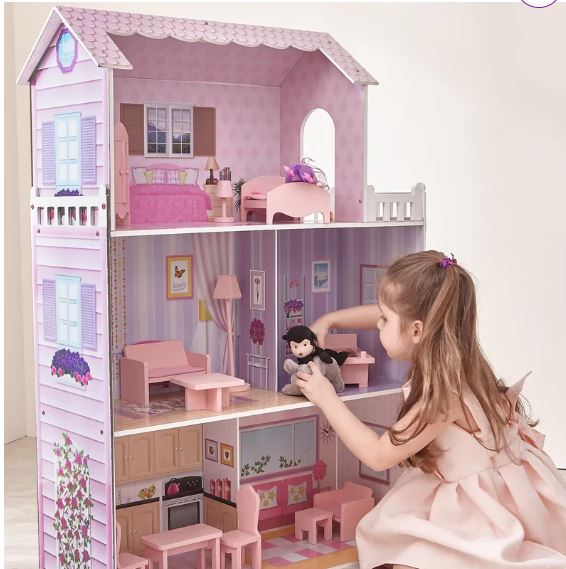 Teamson Kids Wooden 3-Story Dollhouse with 12-pc Accessory Set