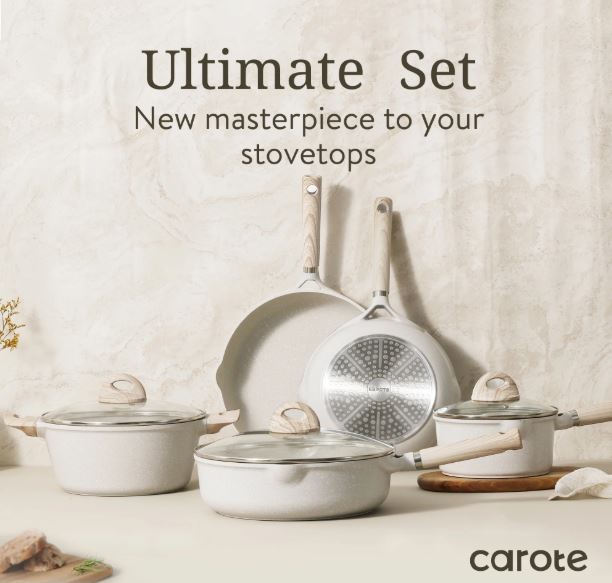 Carote Nonstick Pots and Pans Set, 8 Pcs Induction Kitchen Cookware Sets (Beige Granite)