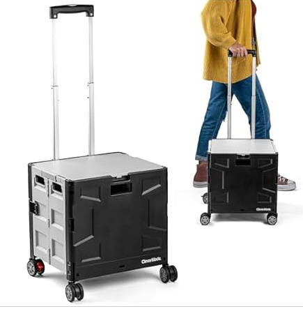CleverMade Collapsible 35L 4-Wheeled Crate with Lid, Wheels Swivel and Glide Rolling Crate with Handle and Double Wheels