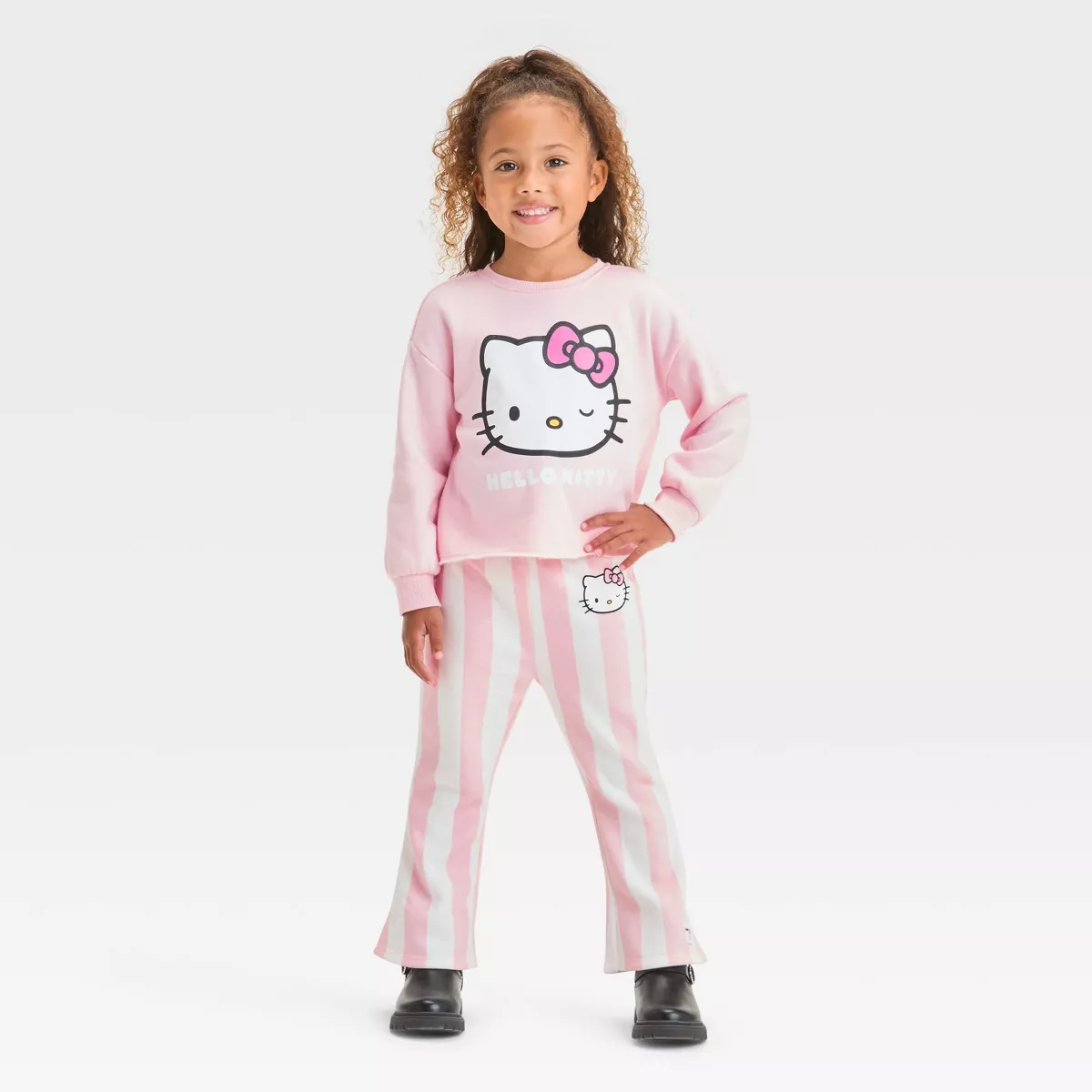Toddler Girls’ Hello Kitty 2pc Fleece Pullover Top & Striped Flare Pants – Pink