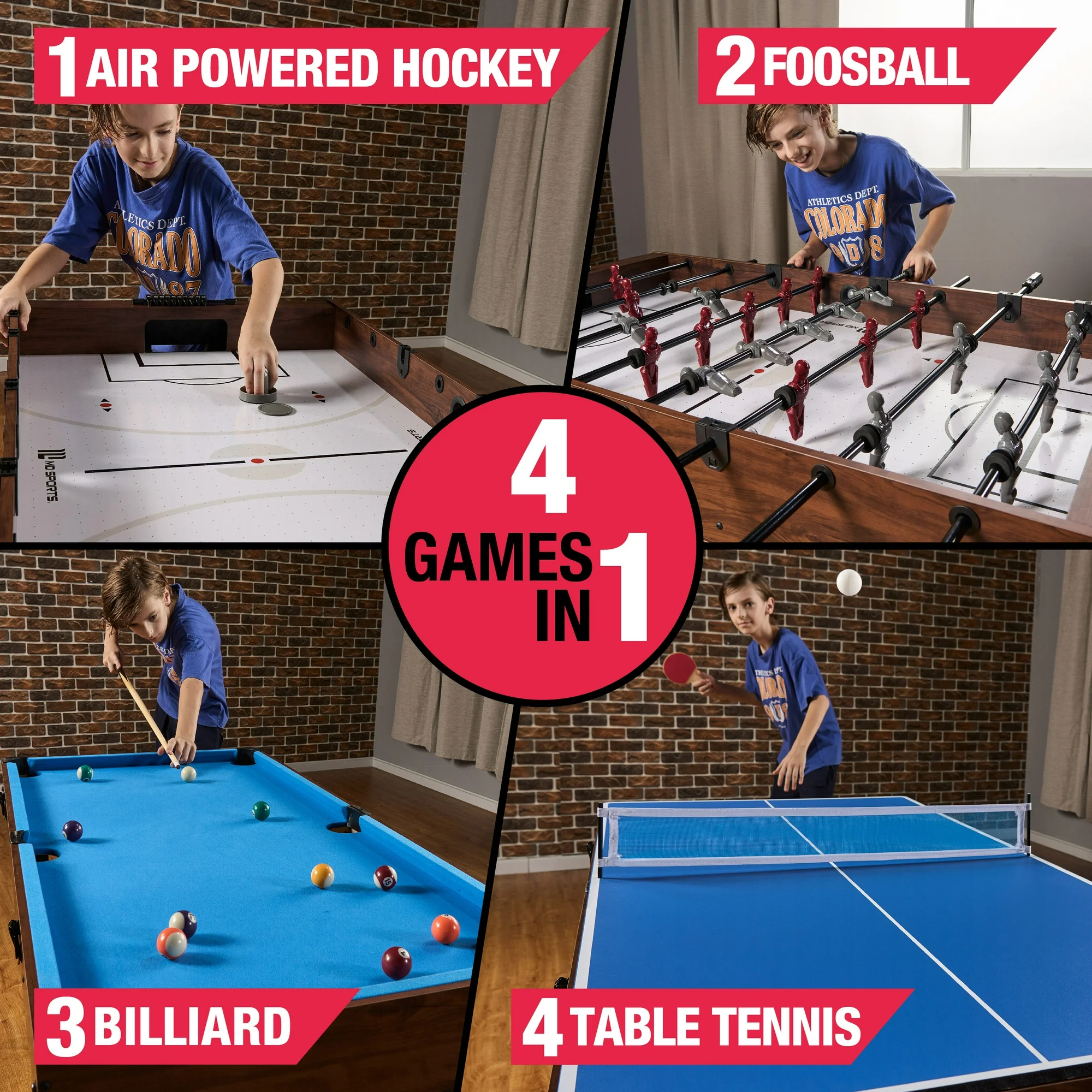 54″ 4-in-1 Multi Game, Pool Table, Table Tennis Pong Table, Air Hockey, Foosball, by MD Sports
