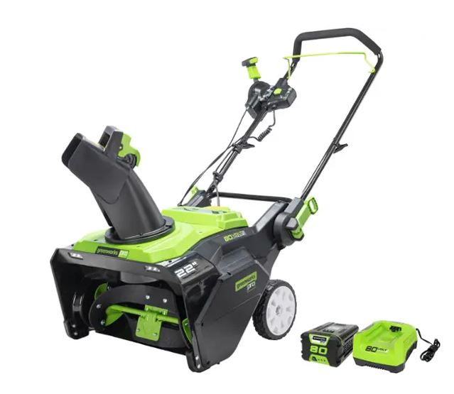 Greenworks – 80V 22” Cordless Brushless Snow Blower with 4.0 Ah Battery and Rapid Charger – Black/Green