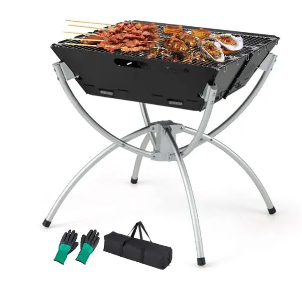 Costway 3-in-1 Portable Charcoal Grill Folding Camping Fire Pit with Carrying Bag & Gloves Black – Black
