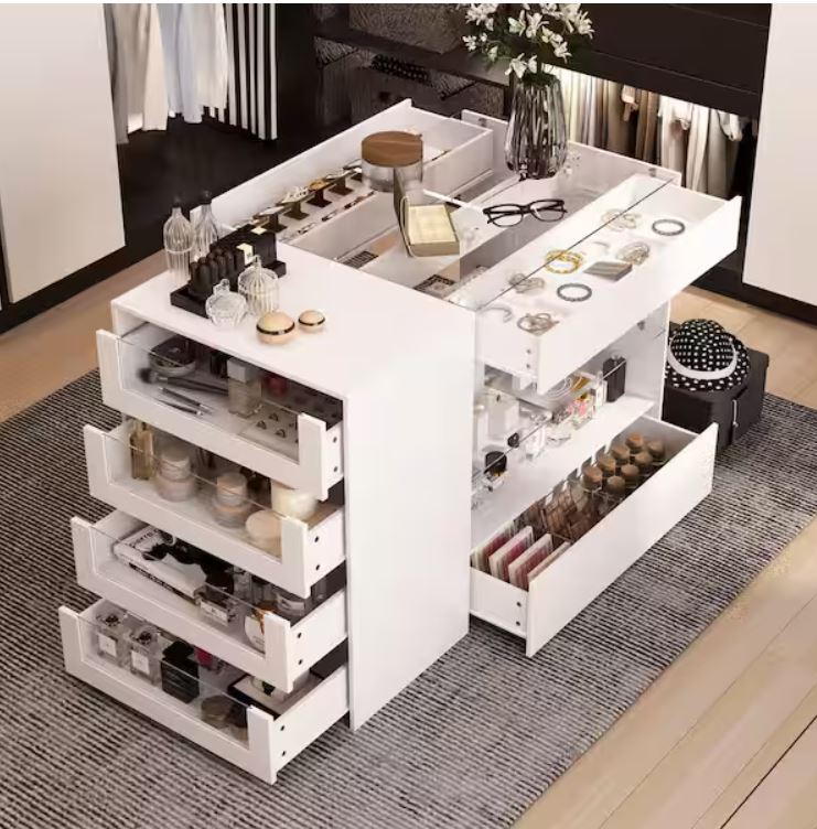 White Wood Free Standing 47.2 in. W Jewelry Armoire With Tempered Glass Top and 8-Drawers