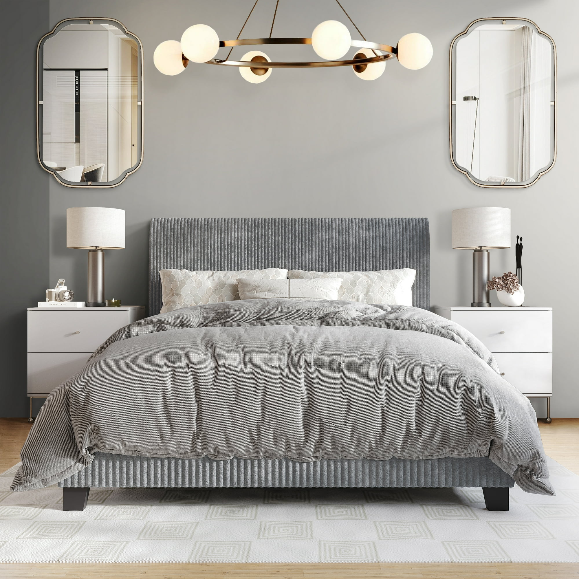 GO!!! Castle Place Chic Corduroy Velvet Upholstered Queen Bed, Grey
