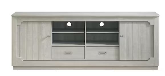 Farmhouse Saw Cut Off White 67 in. TV Stand with Built-In Sliding Doors Storage Cabinet and Open Shelves