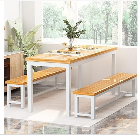 AWQM Dining Room Table Set, Kitchen Set with 2 Benches, Ideal for Home, and Room, Breakfast, 43.3×23.6×28.5 inches, Benches 38.5×11.8×17.5 Beige
