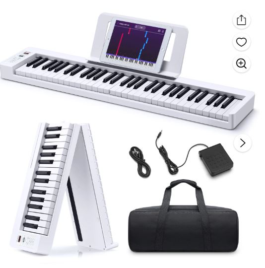 Donner 61-Key Folding Bluetooth Keyboard Piano for Beginners, Portable Piano Keyboard with Music Rest, Bag, Pedal, and App – White