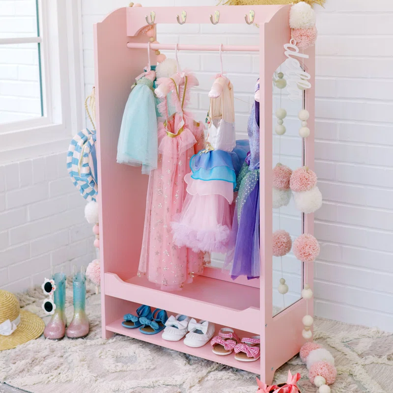 Teamson Kids Pink Wooden Open Armoire with Mirror