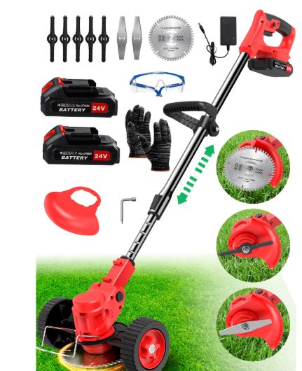 TNTANTS Electric Weed Wacker, Cordless String Trimmer with Wheels, 2Pcs 24V Batteries, 3 Types of Blades, Adjustable Length, Weed Eater Grass Trimmer/Edger/Brush Cutter for Lawn Yard Garden (Red)