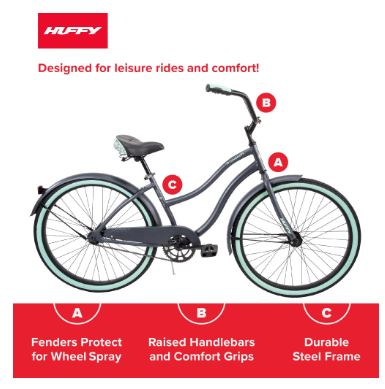 Huffy Cranbrook Comfort Cruiser Bike, 26″ Wheels, Ages 13+ Years, Gray