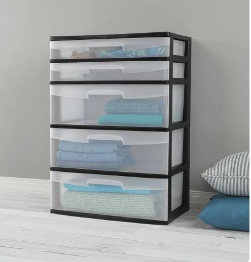 Sterilite Plastic 5 Drawer Wide Tower Black