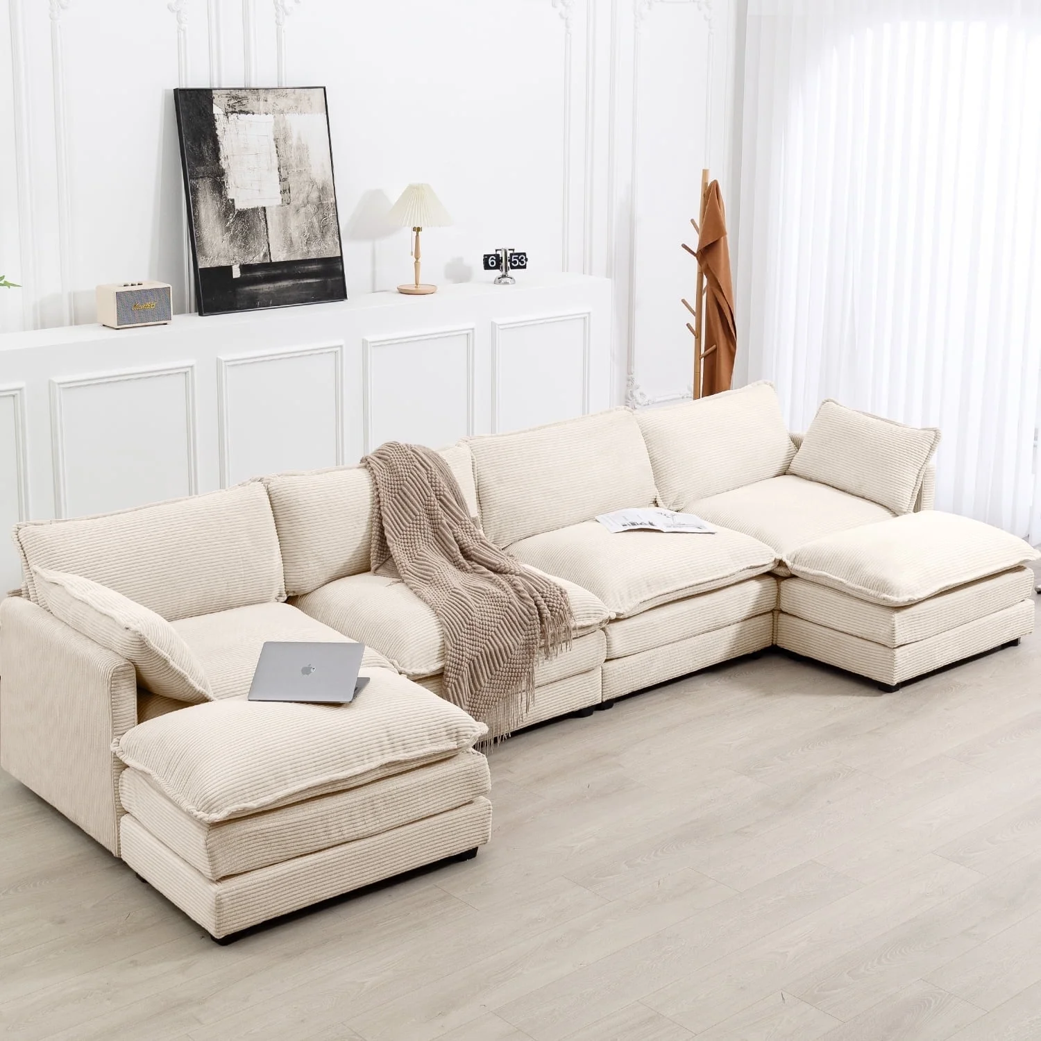 JUSTLET U-Shaped Sectional Sofa Set, Indoor Furniture Convertible Modular Corduroy Sectional Sofa Set with 2 Ottomans for Living Room,Beige