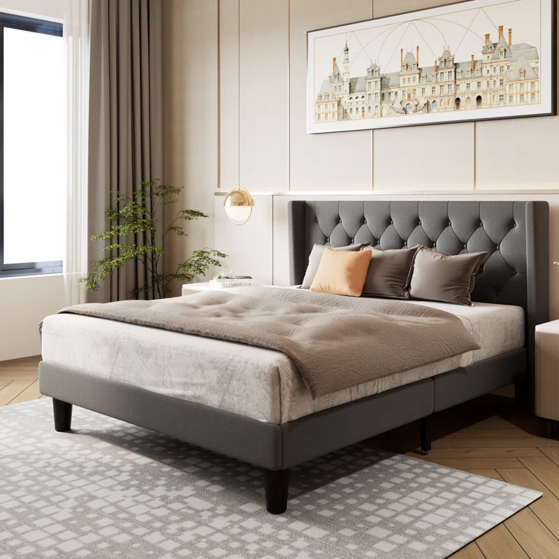 Hilbert Upholstered Low Profile Platform Bed Frame with Headboard