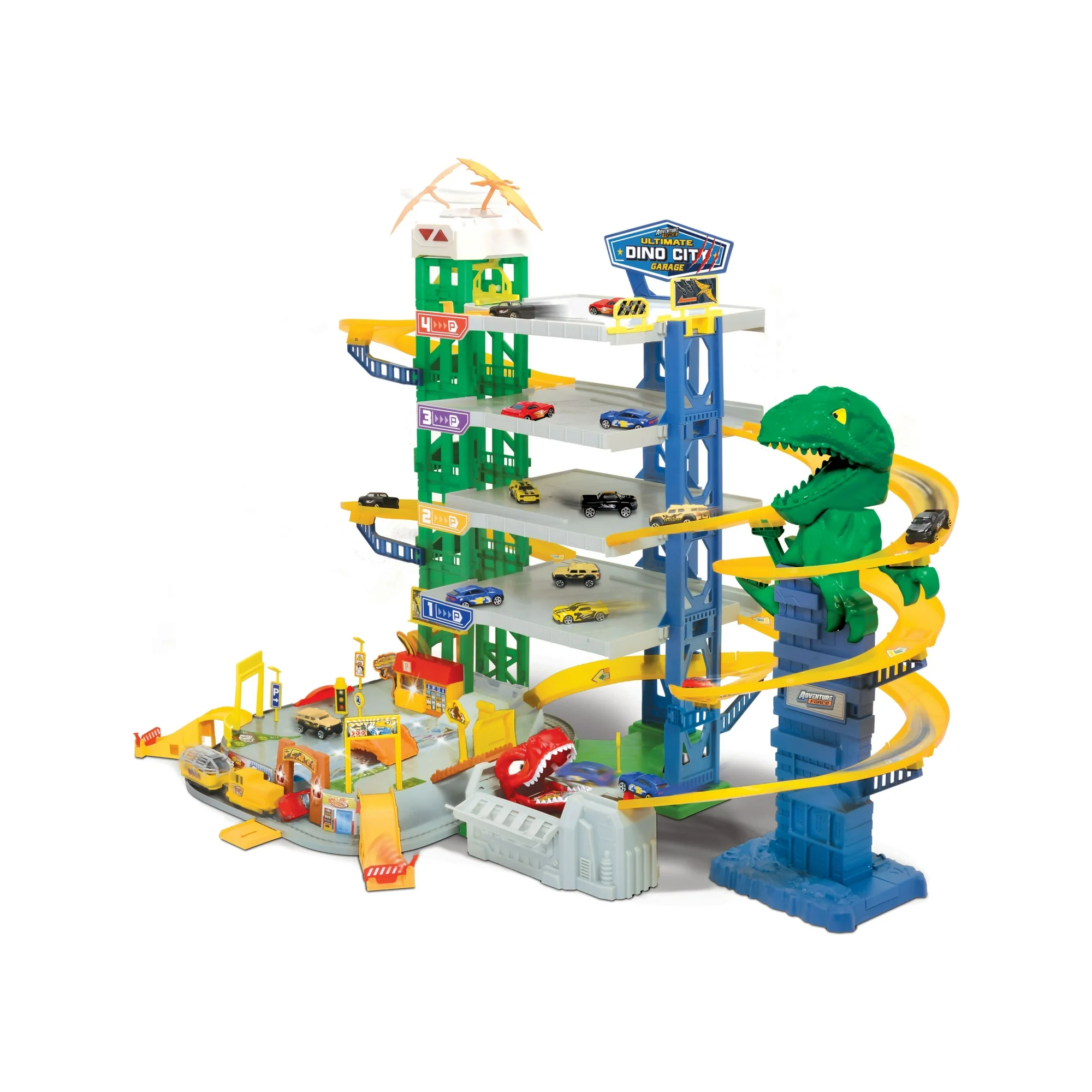 Adventure Force Ultimate Dino City Garage, Die-Cast Vehicle Playset, Multi-Color, Age 3+, 45″ Length