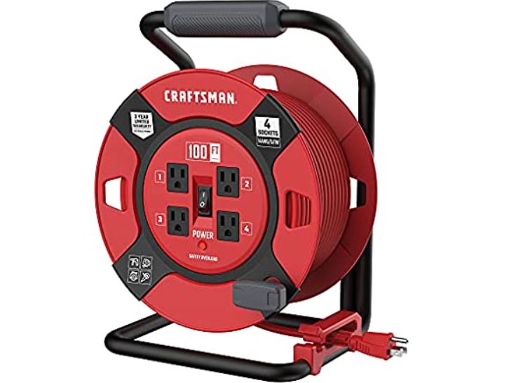 CRAFTSMAN Retractable Extension Cord Reel 100 Ft. With 4 Outlets & Heavy Duty 14AWG SJTW Cable