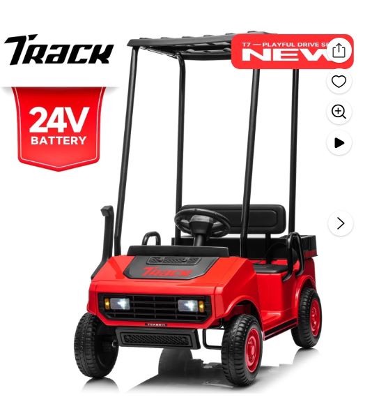 Track 7 24V Ride on Car, Electric Golf Cart with Ceiling, Ride on Truck with Remote Control, Music, Rear Storage Box, Electric Car for Boys Girls Age 3+, 18.5″ Large Seat with Armrests, Red
