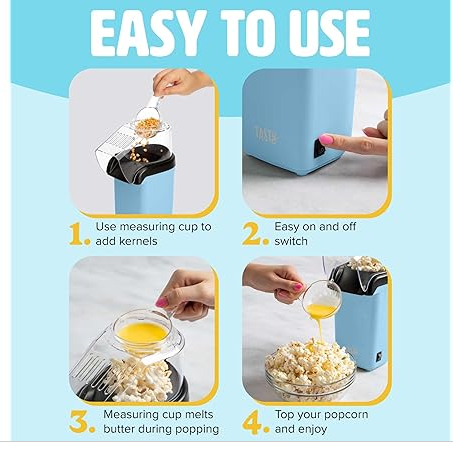 Tasty Hot Air Popcorn Popper, Healthy and Delicious Popcorn in Minutes, Fast and Easy-to-Use, Built-In Measuring Cup and Butter Warmer, 8 Cups, Blue