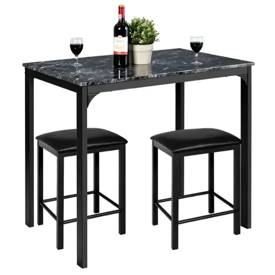 Costway 3 Piece Counter Height Dining Set Faux Marble Table 2 Chairs Kitchen Bar – Black
