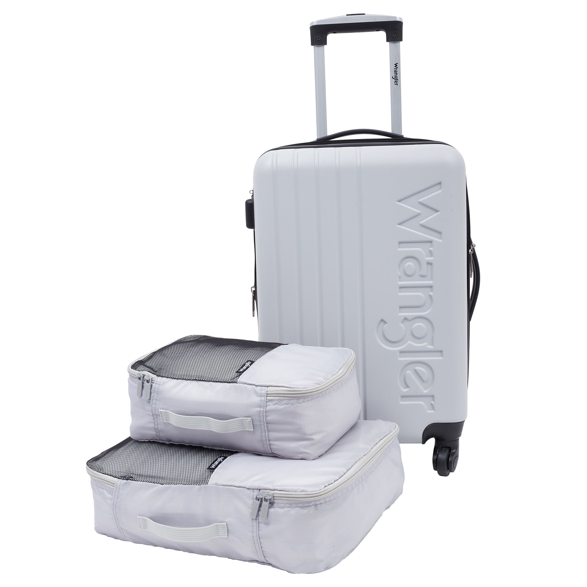 Wrangler San Antonio 3 pc. Expandable Rolling Luggage Set w/ 20″ Rolling Carry-on and 2 Packing Cubes, Gray