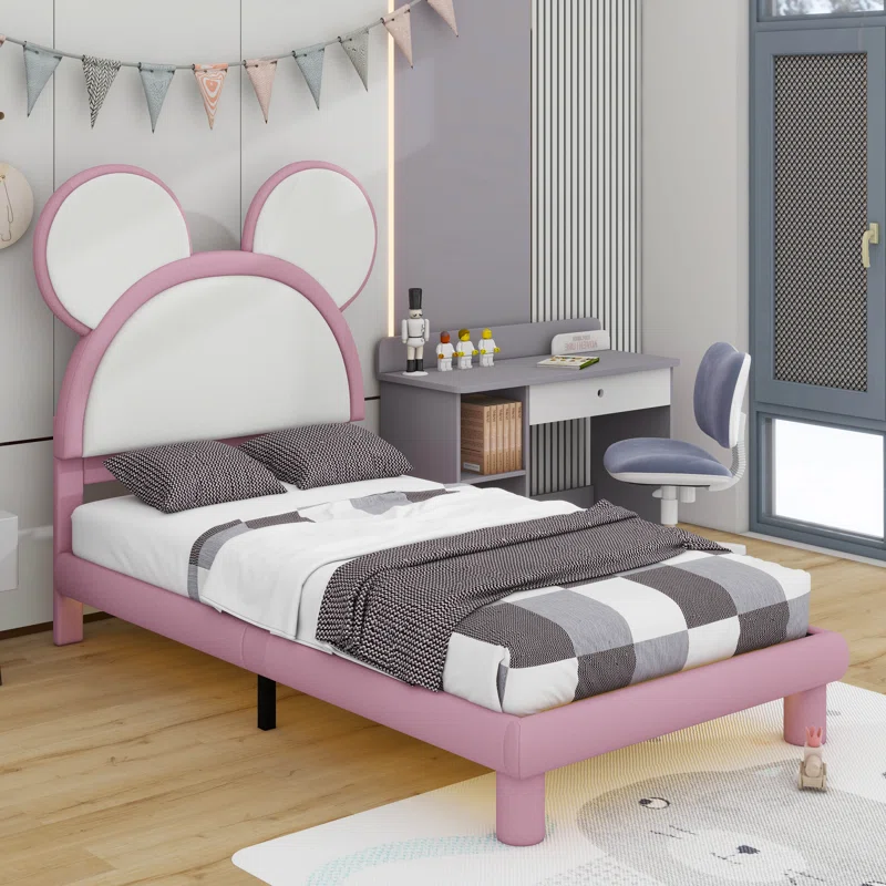 Upholstered Platform Bed With Cartoon Ears Shaped Headboard