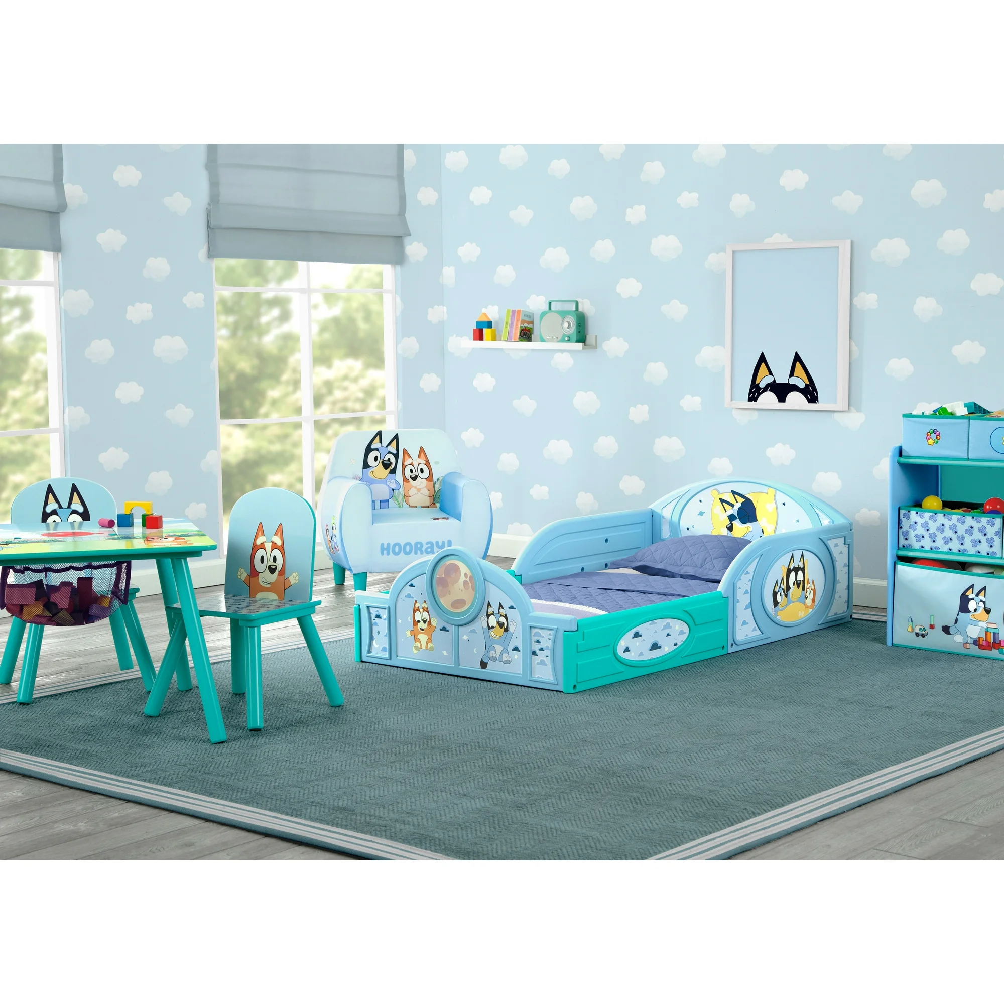 Bluey Sleep and Play Toddler Bed with Built-In Guardrails by Delta Children
