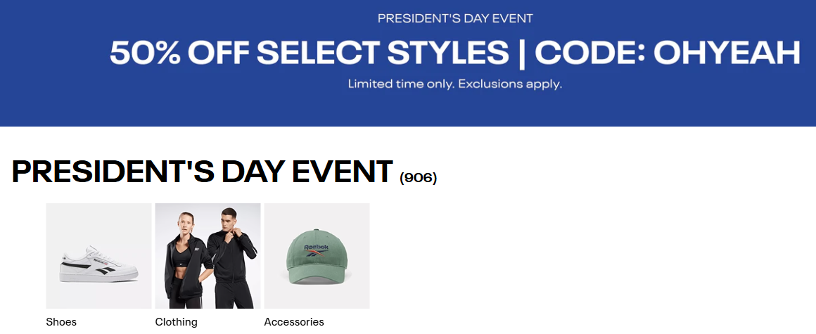 Reebok Presidents Day Sale 50% off Select Styles