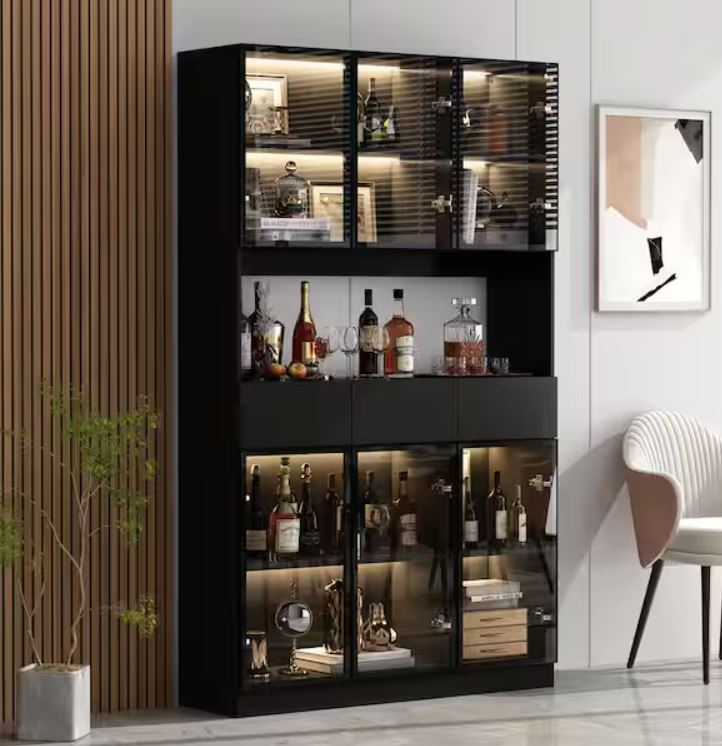 Black Wood 47.2 in. W Buffet Food Pantry W/Hutch, Glass Doors, Multiple Shelves, LED Lights (14.2 in. D x 78.7 in. H)