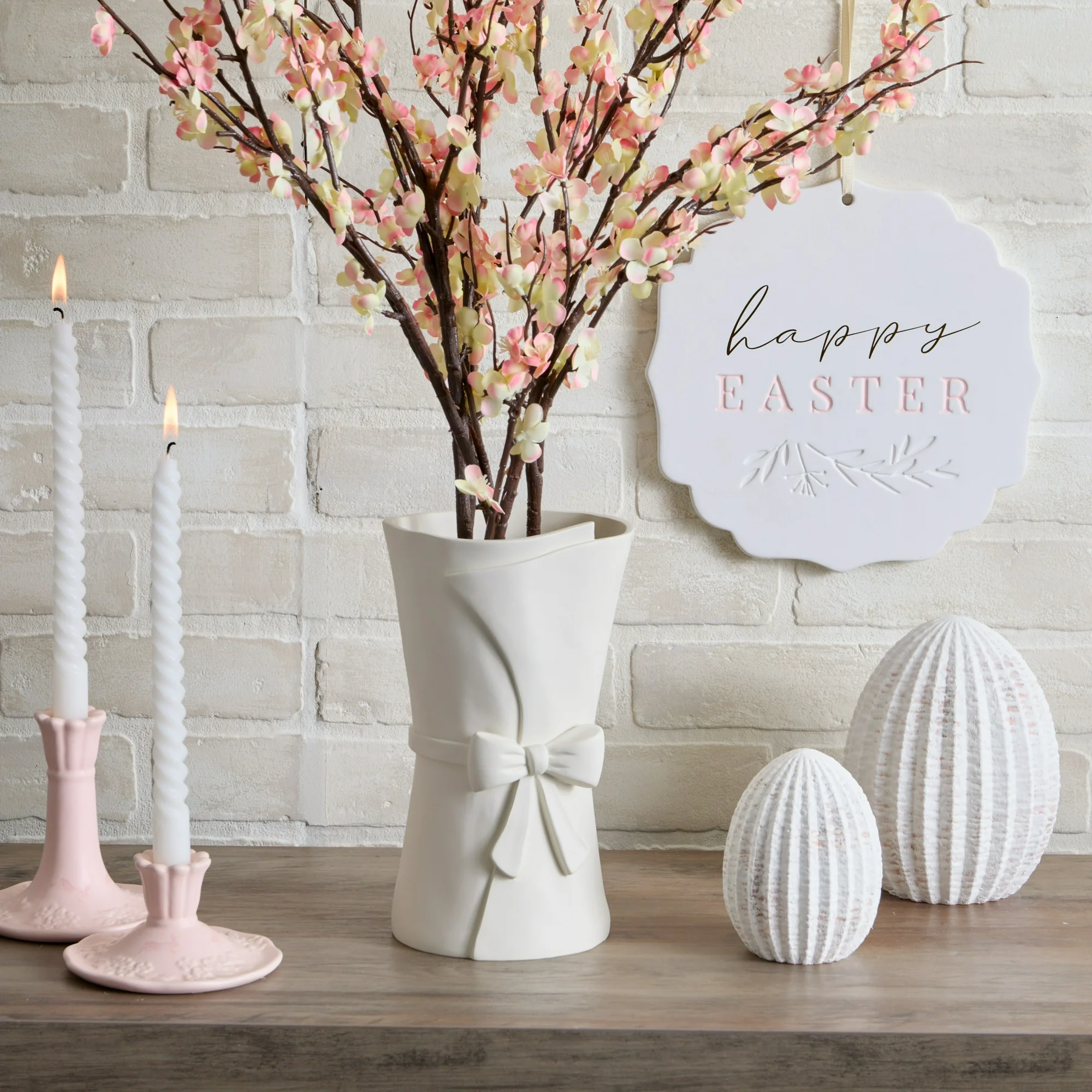 Easter Large White Ceramic Vase with Bow, 9.84 in, by My Texas House